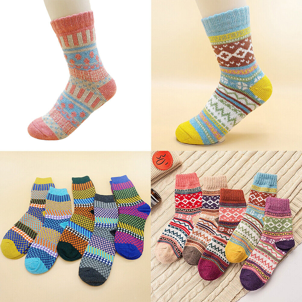 US 5 Pairs Wool Socks Womens Winter Warm Thick Knit Cabin Cozy Crew Socks 5-9