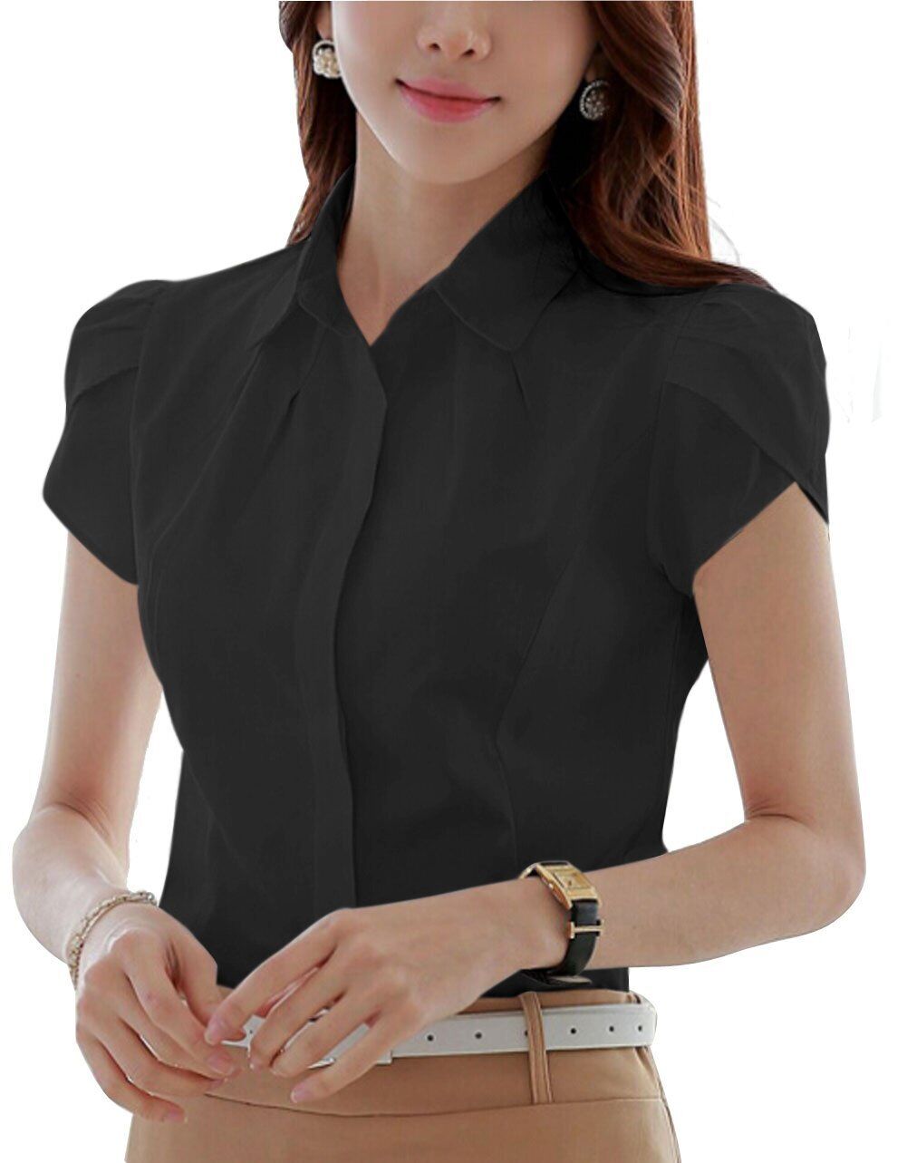 Women Cotton Collared Pleated Button Down Shirt Tulip Sleeve Blouse