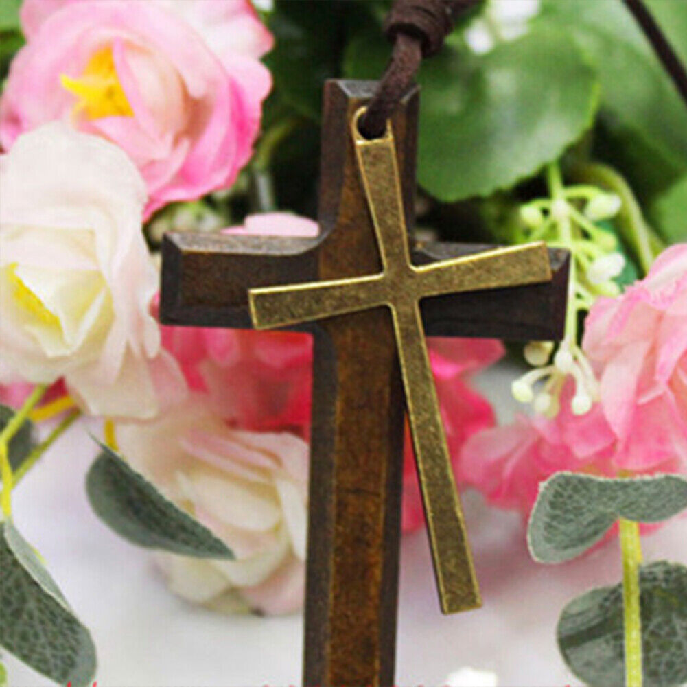 US 1-2 Pack Wood Wooden Cross Long Pendant Adjustable Christian Necklace Unisex