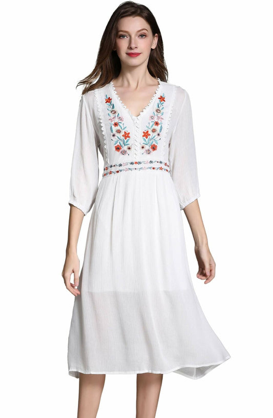 Women's Short Sleeve Mexican Embroidered Floral Pleated A-line Cocktail Dress