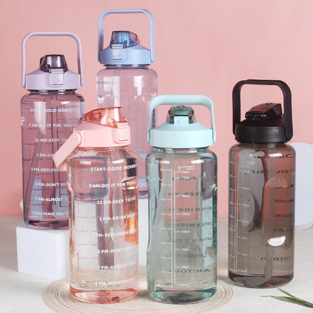 US 1-2 Pc Motivational Half Gallon/64 oz Water Bottle w/ Time Marker with straw