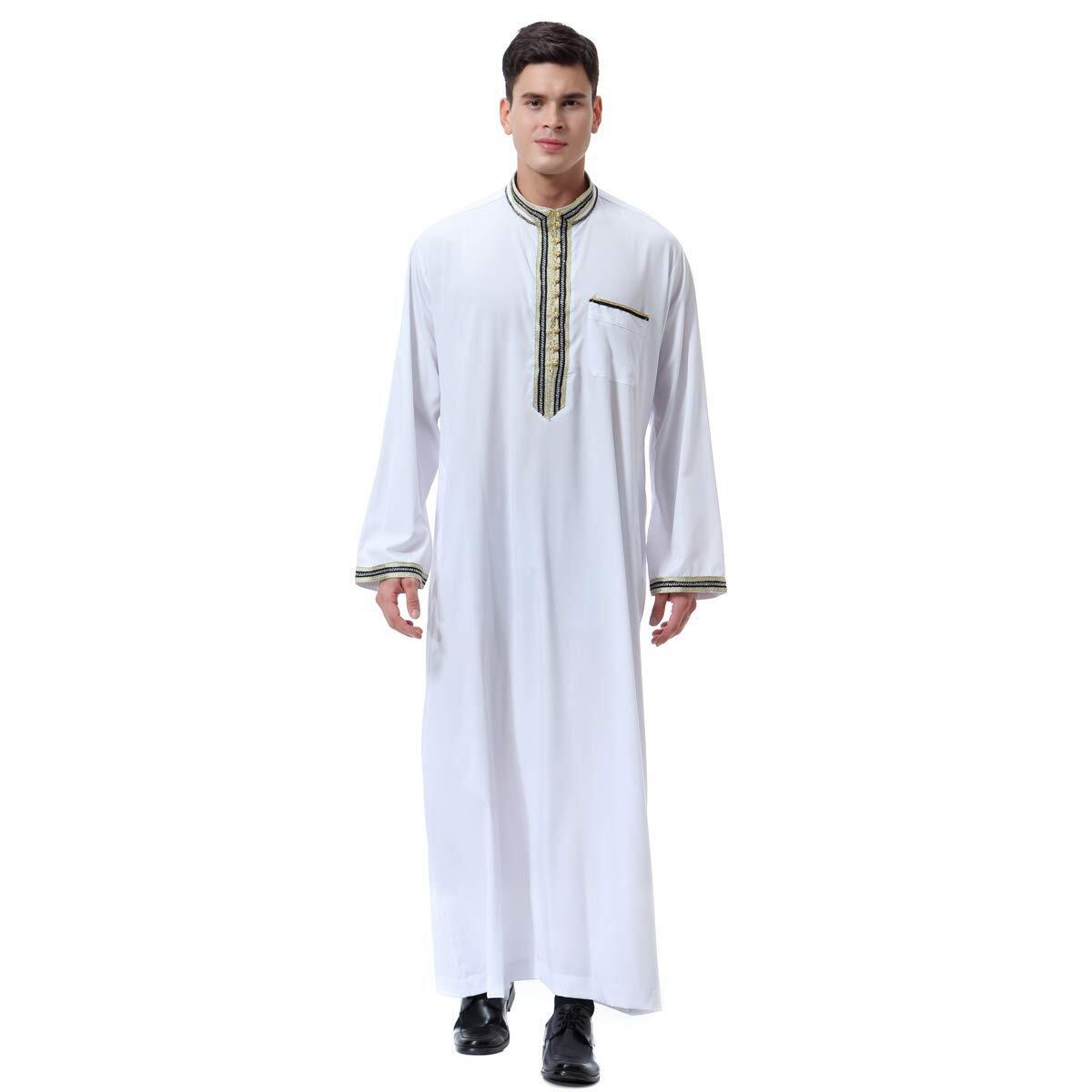 Men Arabic Long Sleeve Embroidery Decal Thobe Stand Collar Kaftan Robe