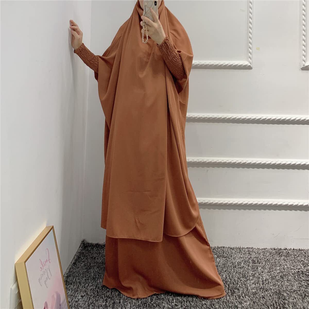Women Muslim Long Sleeve Thobe Longuette Abaya Thobe with Hoodied Hijab