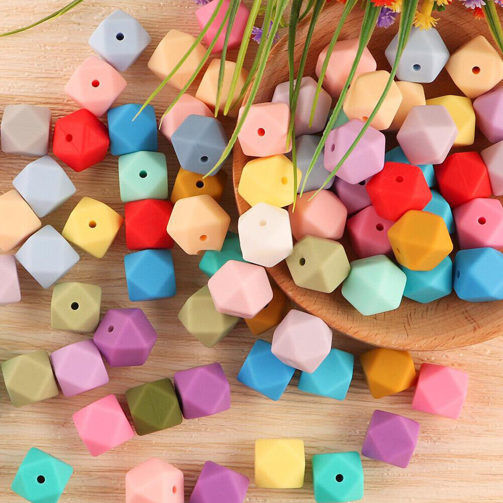 US 60-120 Pack 14mm Hexagon Silicone Beads Bulk Assorted Rubber Large Polygonal