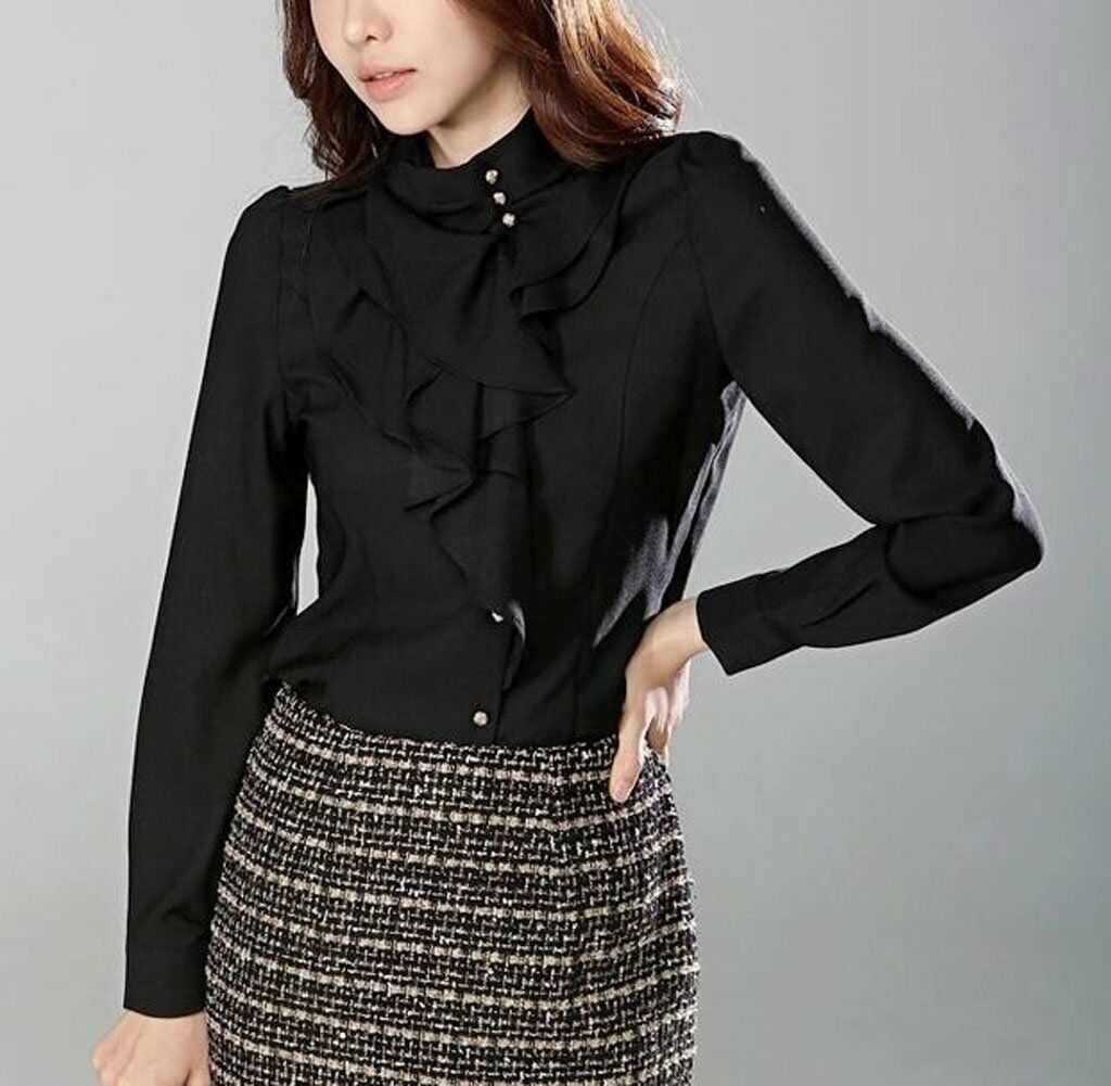 Women's Chiffon OL Ruffle Founcing Front Shirt Long Sleeve Blouse