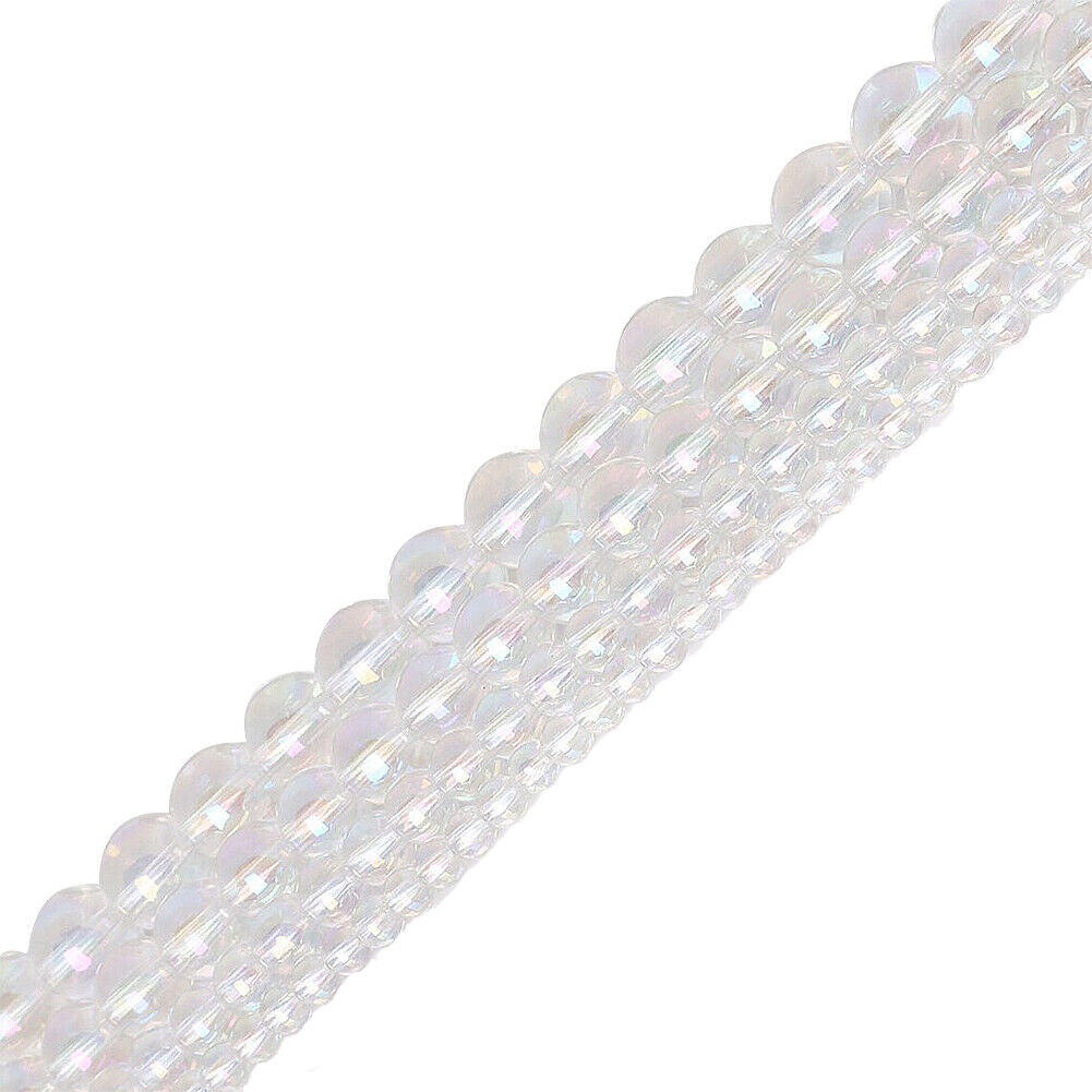 US 4~10mm Clear Rainbow Iridescent Mermaid Smooth Round Glass Bubble Bead Strand