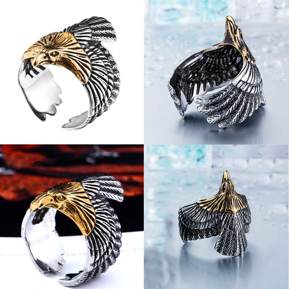 US Mens Stainless Steel Gold Plated Eagle Head Bird Biker Ring Men Size 8-11