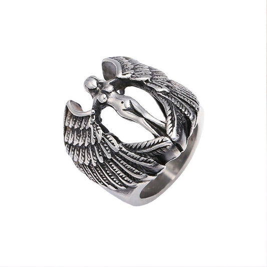 US Vintage Archangel Goddess Feather Angel Wing Stainless Steel Ring MC Biker