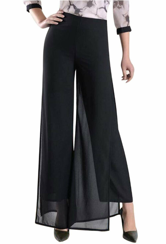 Womens Chiffon Elastic Waist Fold-Over Elephant Flare Wide Leg Trousers Pants