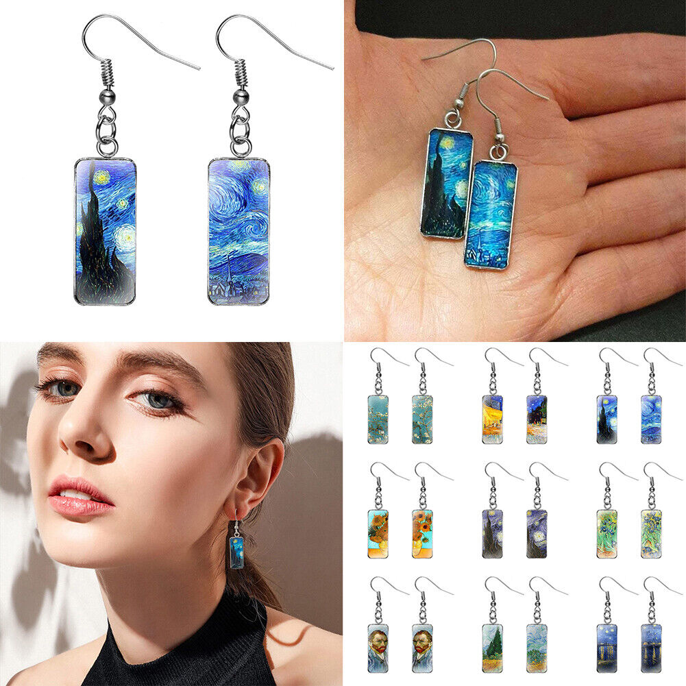 US Rectangle Starry Sky Sunflower Van Gogh Painting Glass Drop Dangle Earrings