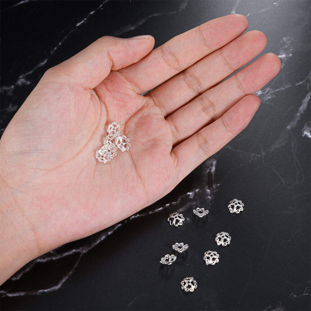 US 10Pc 925 Sterling Silver Heart Filigree Flower Shape Bead Cap Jewelry Making