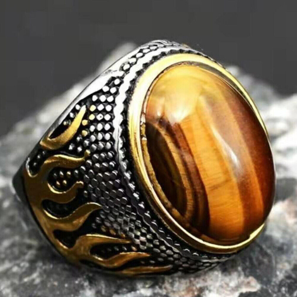 US 2Pc Mens Stainless Steel Gold Plated Oval Tiger Eye Stone Ring Size 7 8 9-11