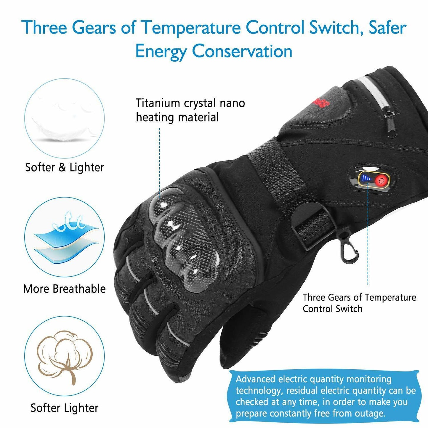 Rechargeable Heated Leather Gloves with Knuckle Protection Motorcycle Ski Riding