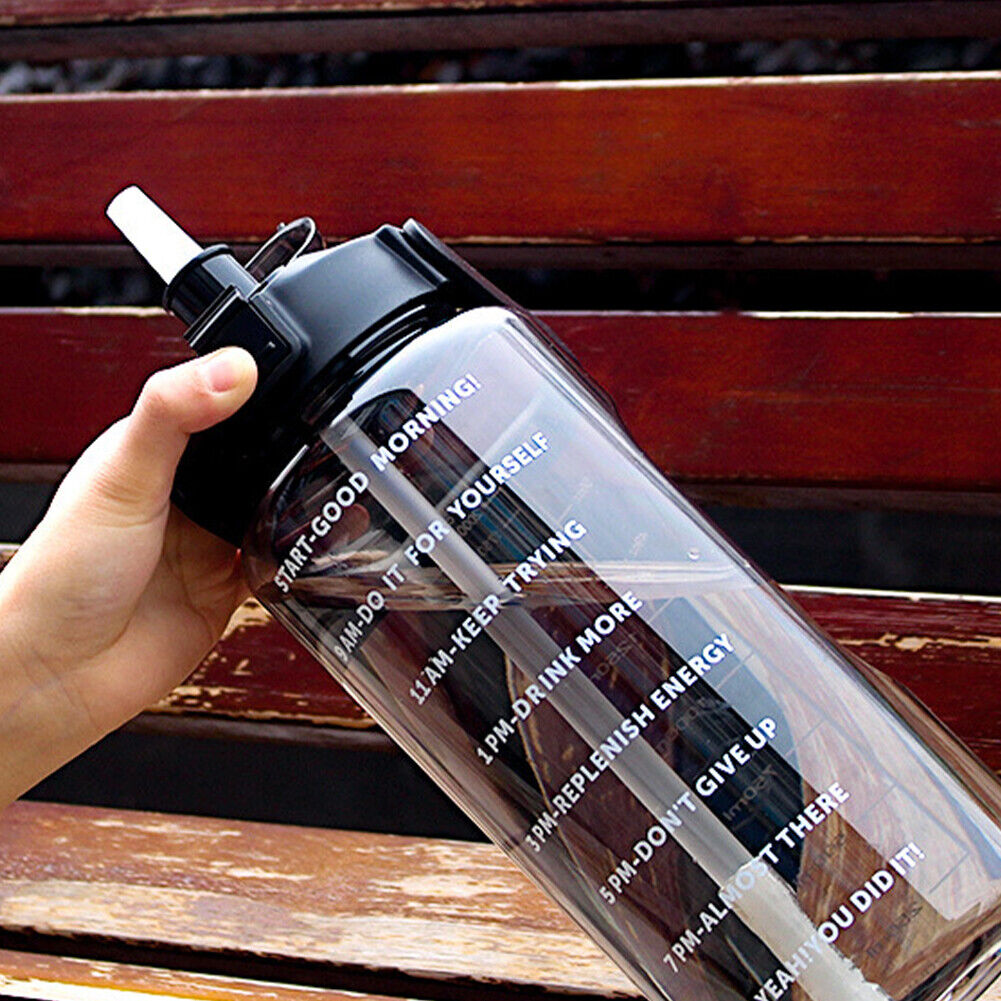 US 1-2 Pc Motivational Half Gallon/64 oz Water Bottle w/ Time Marker with straw