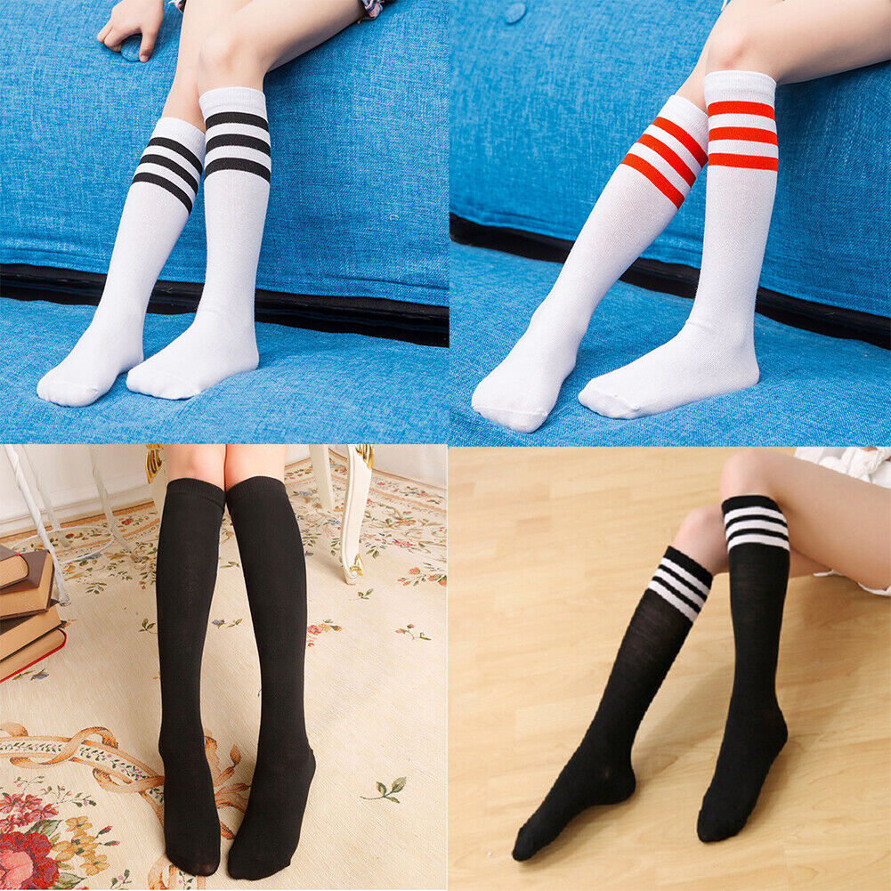 US 5-10 Pairs 13.7 Inch Striped Tube Socks Non-Slip Ribbed Cuffs Knee High Socks