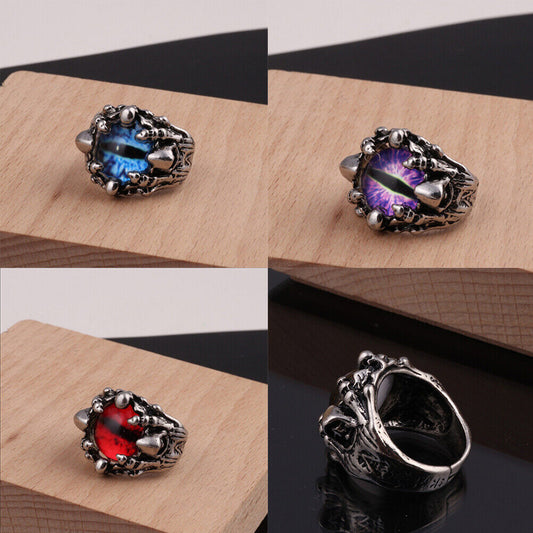 US 3-6 Pack Cool Mens Stainless Steel Dragon Claw Blue Evil Eye Eyeball Ring