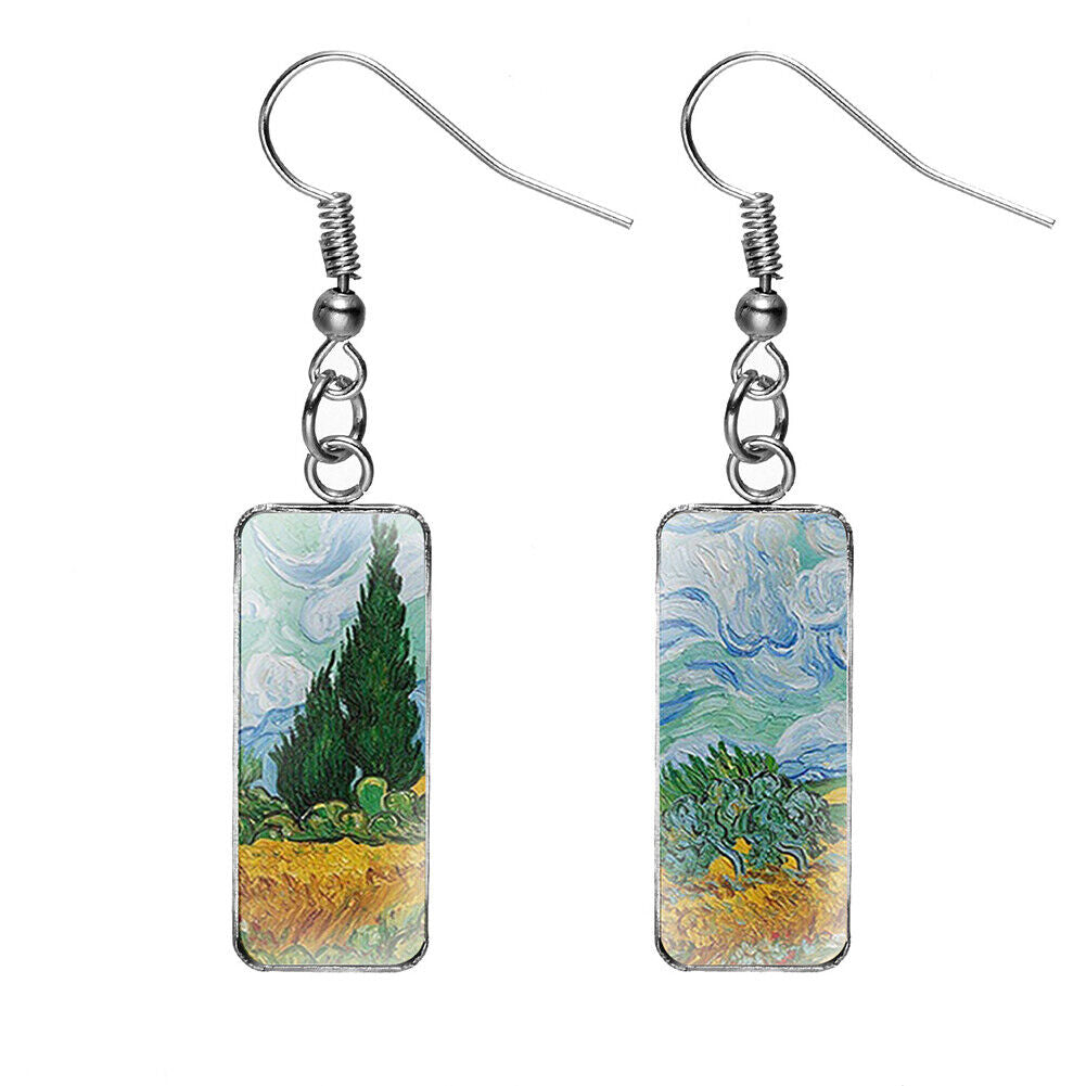 US Rectangle Starry Sky Sunflower Van Gogh Painting Glass Drop Dangle Earrings