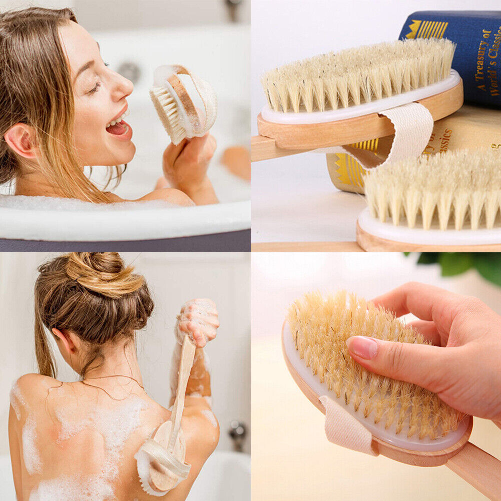 US 2-4 Pcs Premium Natural Bristle Wooden Bath Body Back Dry Skin Brush Scrubber