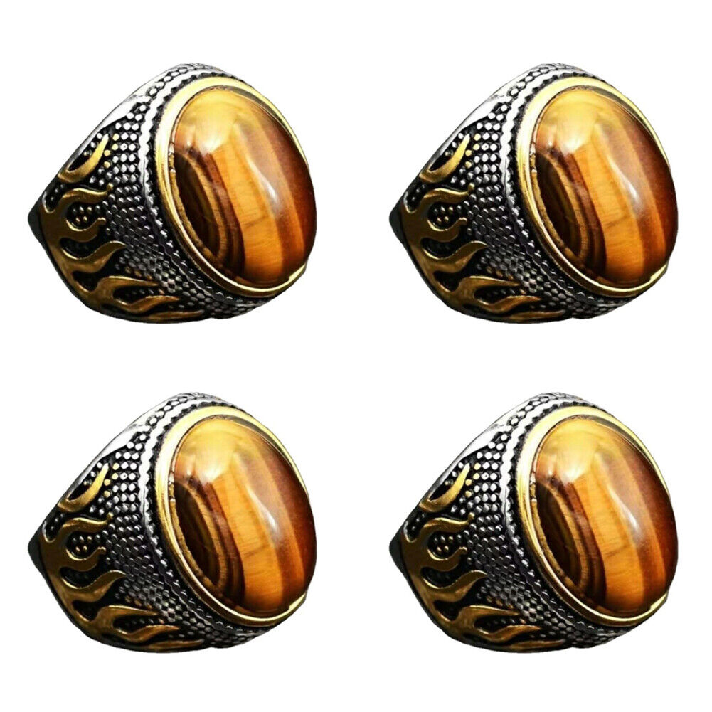 US 2Pc Mens Stainless Steel Gold Plated Oval Tiger Eye Stone Ring Size 7 8 9-11