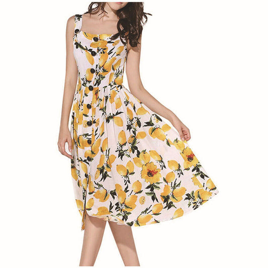 HaoDuoYi Womens Sweet Lemon Print Cami Maxi Evening Dress