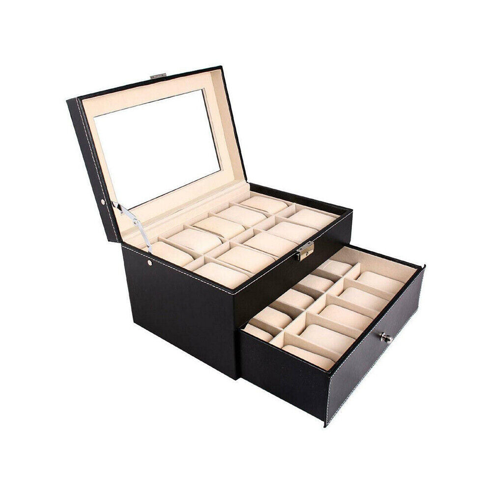 US Large 20 Slot Watch Organizer Box Case Glass Display Leather Jewelry Storage