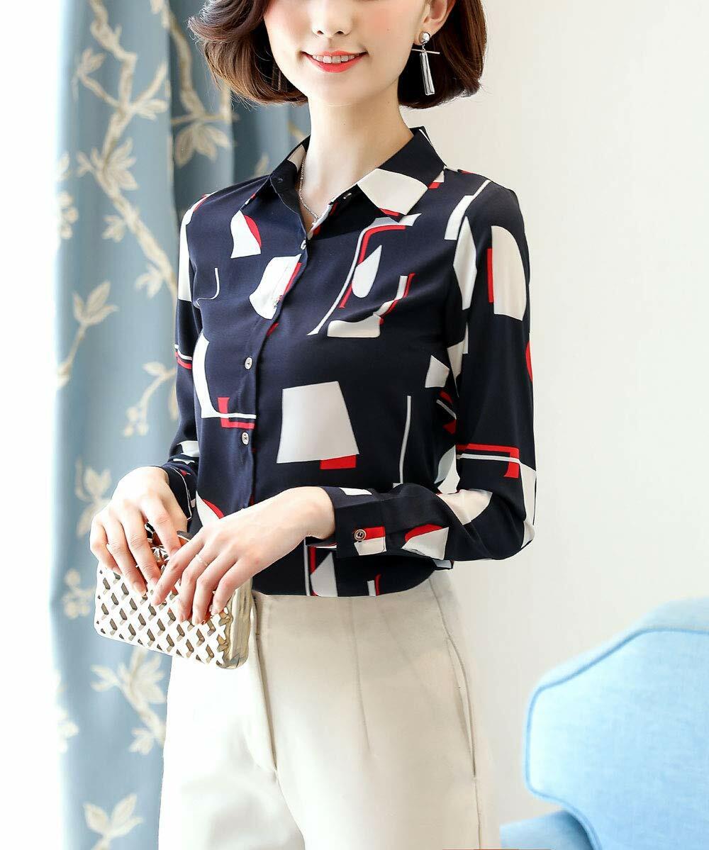 Women's Button Down Long Sleeve Printed Shirt Tailored Blouse