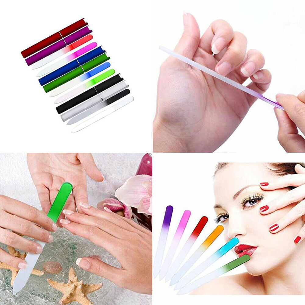 US 7-14 Pcs Glass Nail File w/ Case Crystal Fingernail Pedicure Set Double Sided