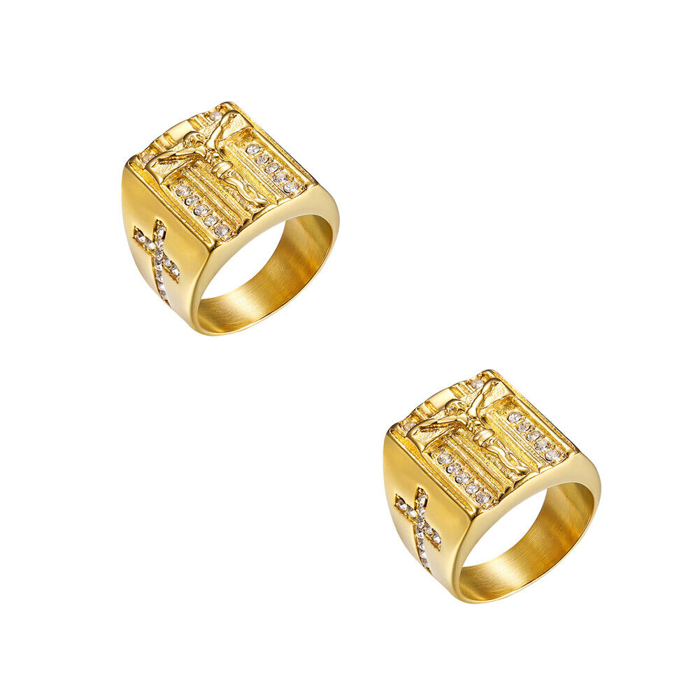 US Mens Stainless Steel Gold Plated CZ Jesus Cross Crucifix Ring Size 7 8-12