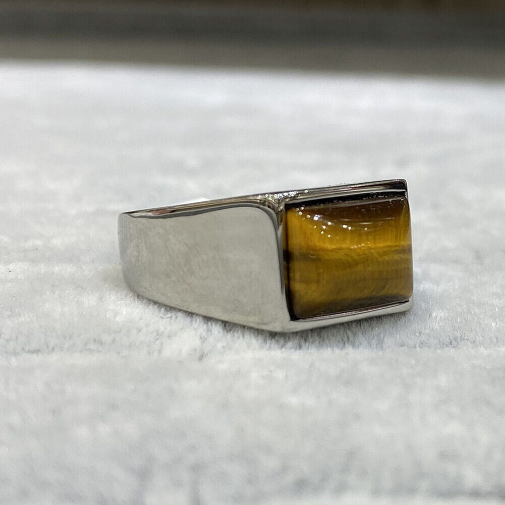 US Mens Stainless Steel Natural Tiger Eye Stone Ring For Men Size 7 8 8-11