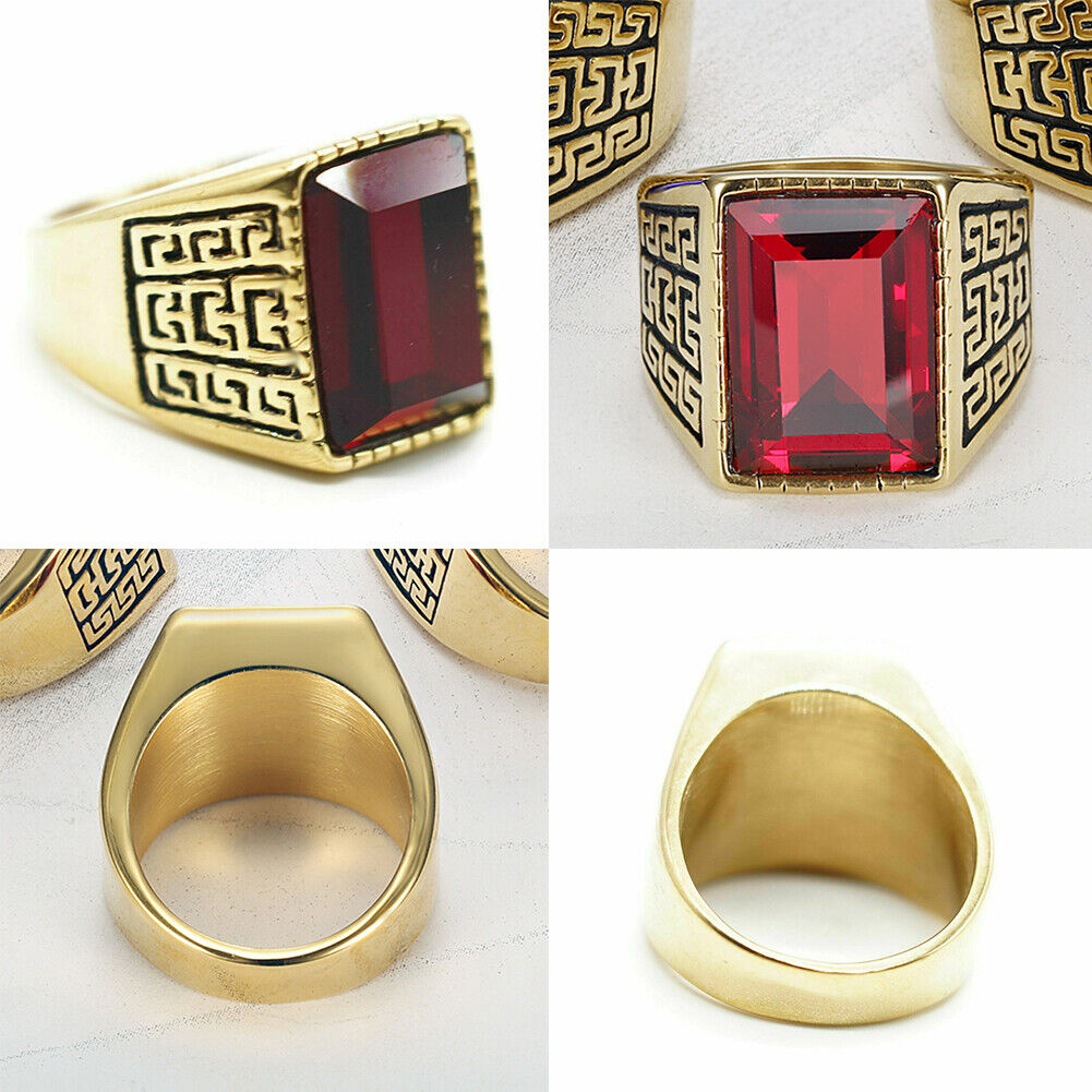 US Men Gold Plated Stainless Steel Red CZ Crystal Stone Ring Men Size 7-11