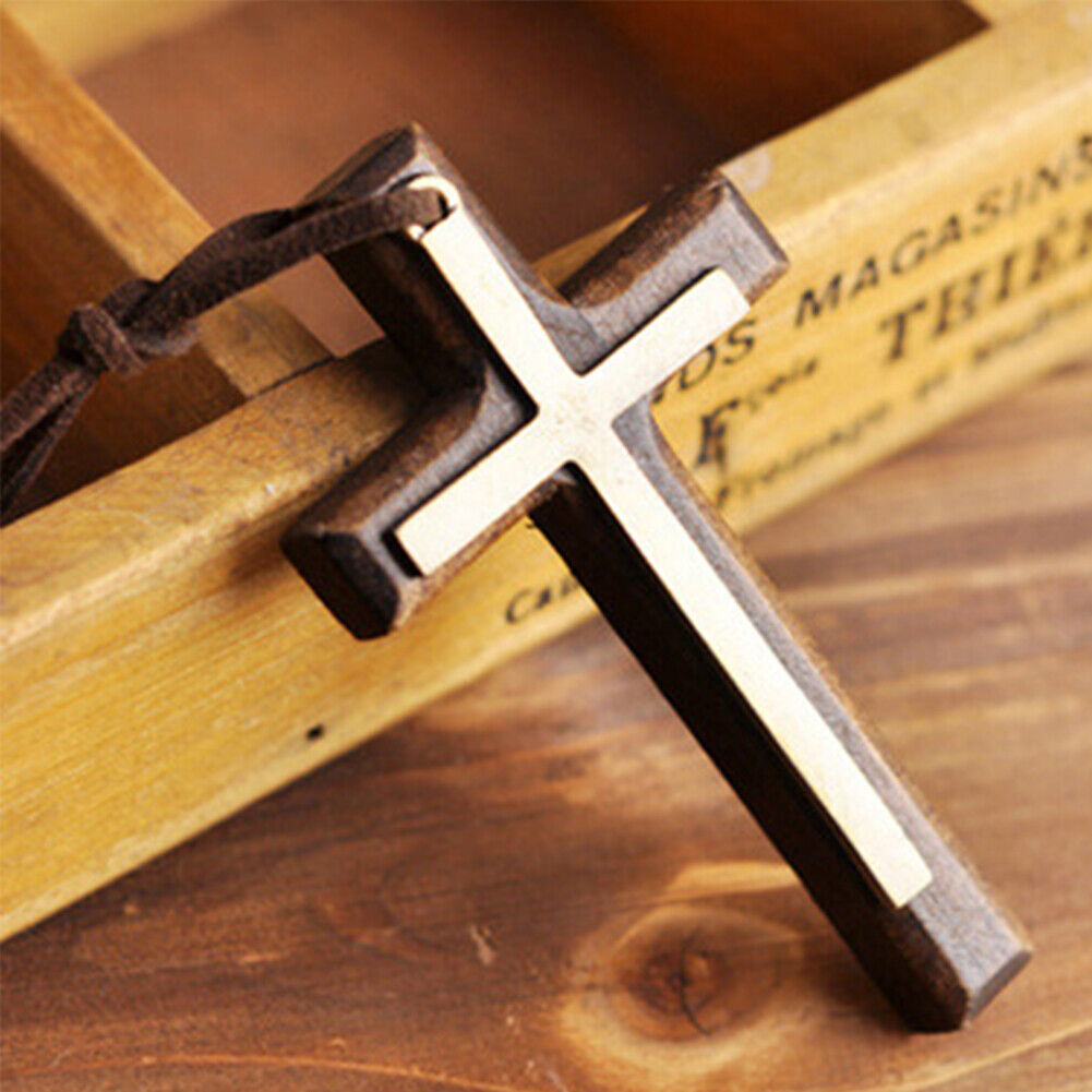 US 1-2 Pack Wood Wooden Cross Long Pendant Adjustable Christian Necklace Unisex