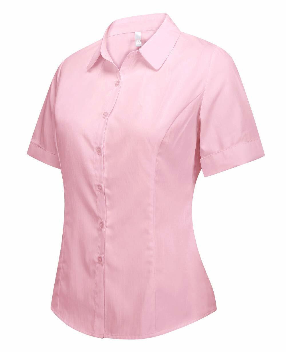 Women's Cotton Basic Button Down Shirt Tailored Short Sleeve Blouse