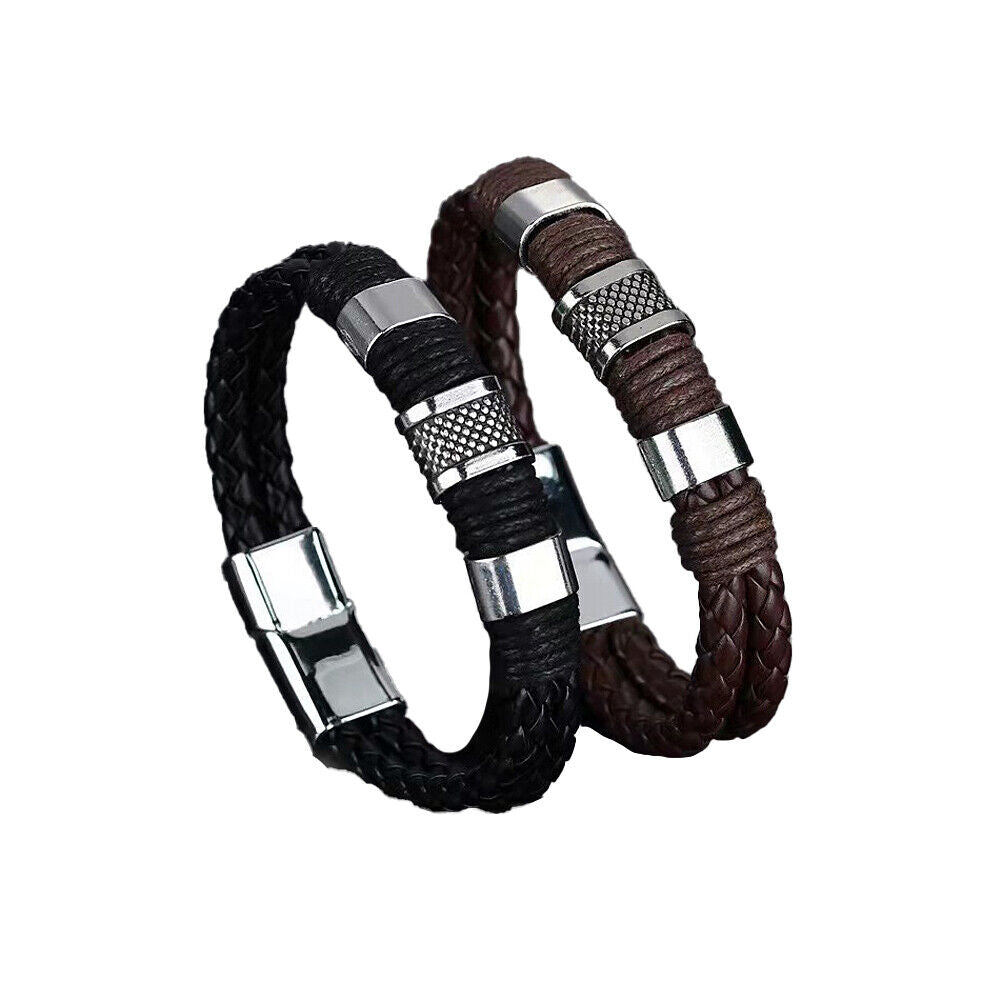 US 2-4 Leather Titanium Steel Braided Magnetic Clasp Bracelet Bangle Wrist Cuff