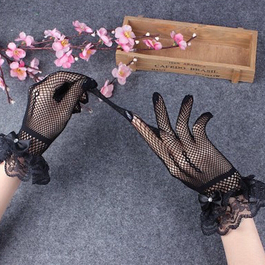 US 1~2 Pairs Ribbon Knot Short Lace Mesh Gloves Prom Bridal Wedding Party Events
