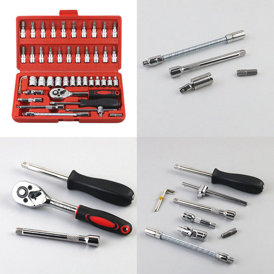 US 46 Pieces 1/4 " Drive Socket Ratchet Wrench Bit Bits Repair Tools Kit Auto
