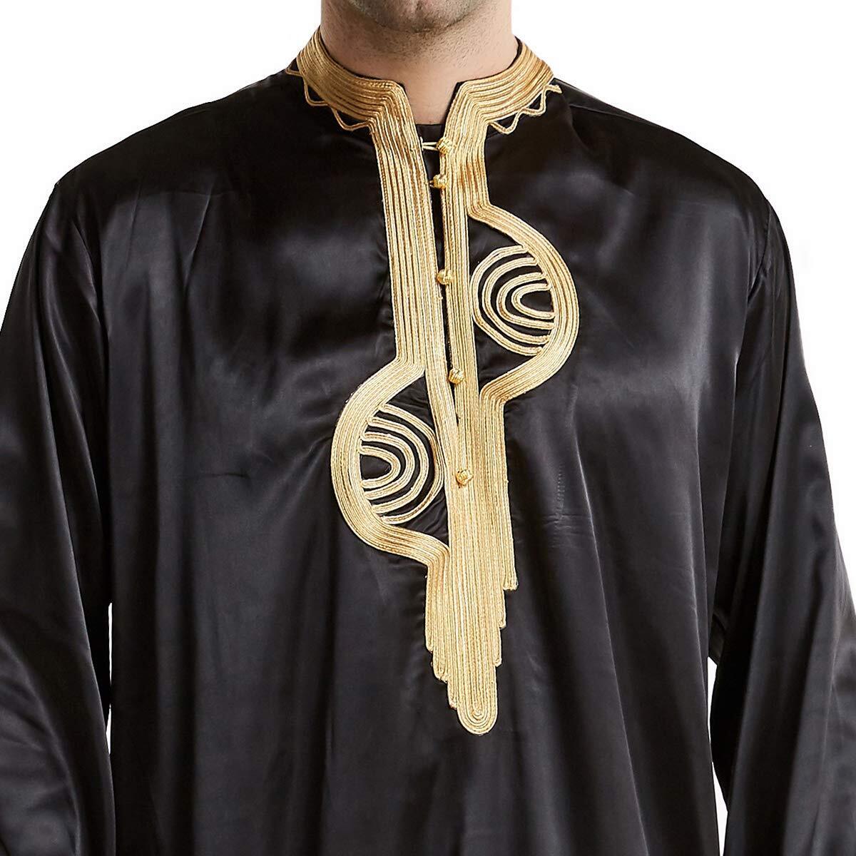 Men Arabic Long Sleeve Embroidery Thobe Stand Collar Kaftan Robe