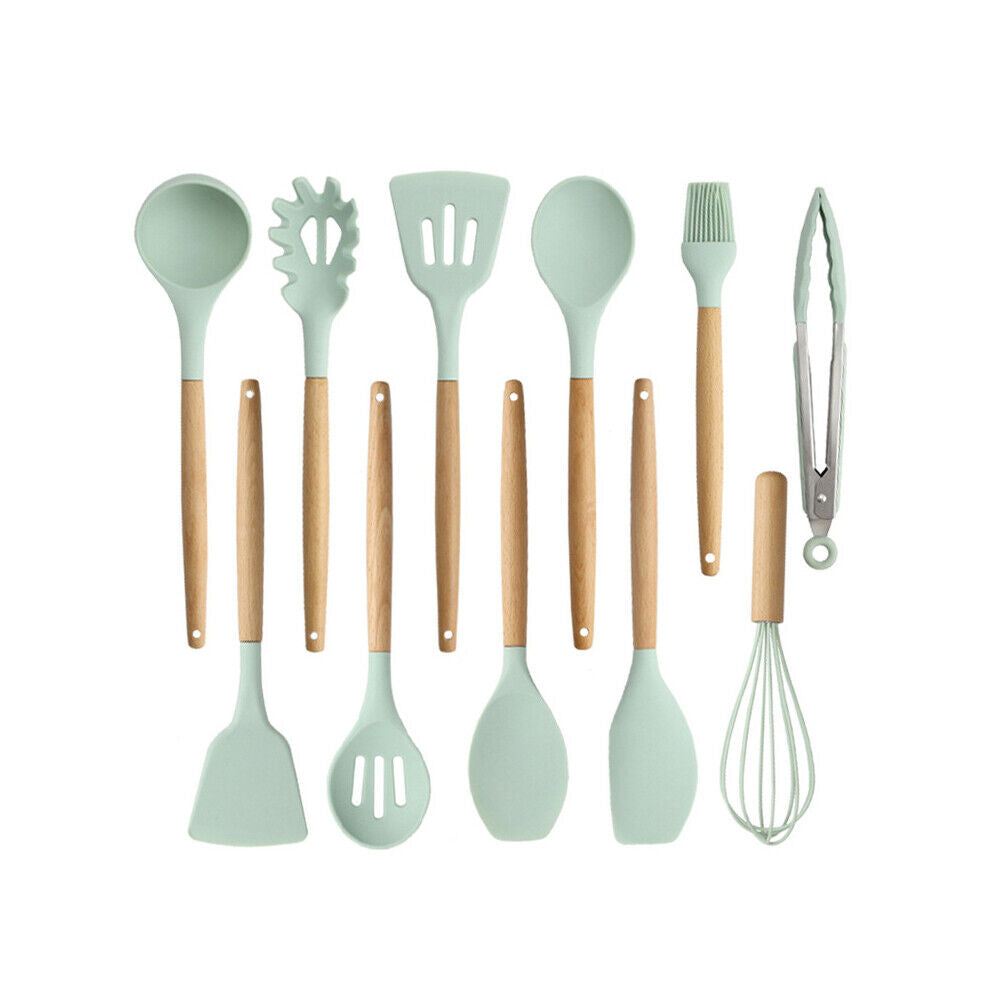 US 11 Pcs Kitchen Cooking Utensils Set Wooden Handle Silicone Heat Resistant