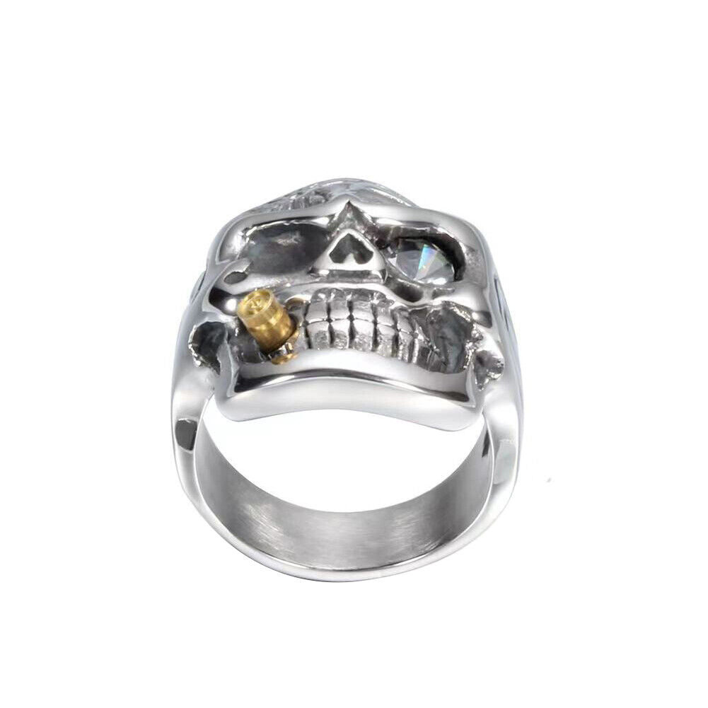 US 1-2Pc Goth Men Biker Punk CZ Smoking Skull Ring Men Stainless Steel Size 8-12
