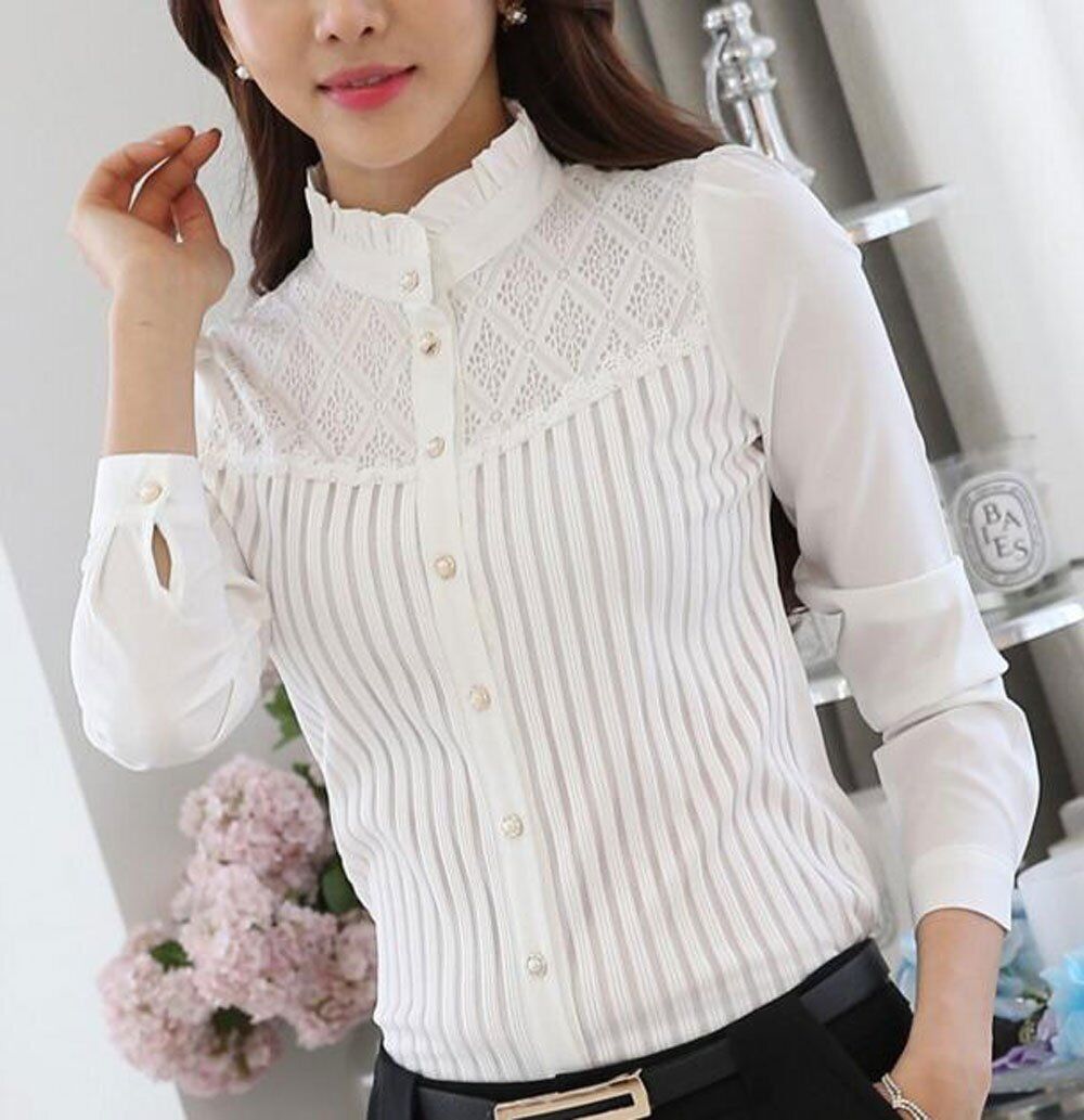 Womens Vintage Collared Button Down Shirt Long Sleeve Lace Stretch Blouse