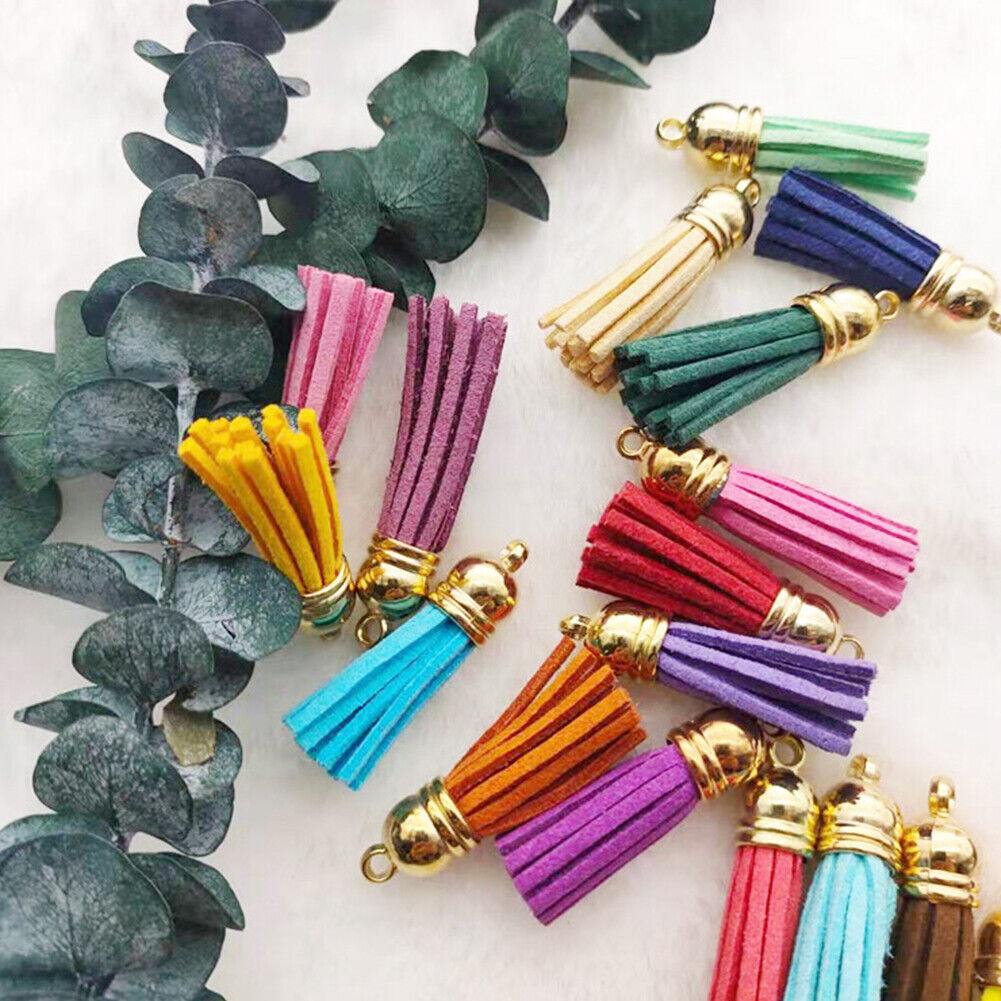 US 100Pc 30 Colors 1.6 inches Leather Tassels Keychain Charms DIY Multicolored