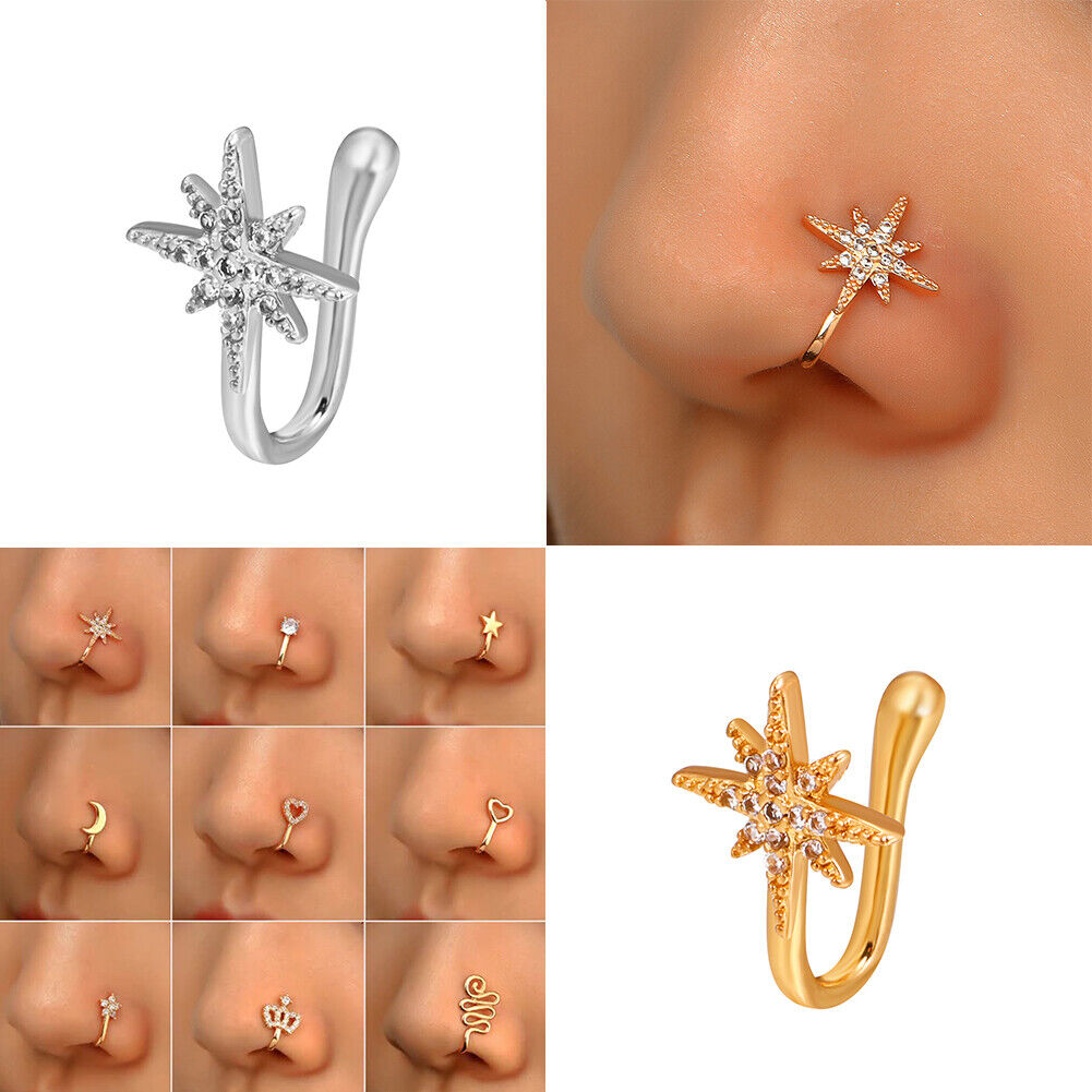 US 2 Pcs Star Heart Crown Nose Ring Copper Durable Fake Non-Pierced Nose Clip