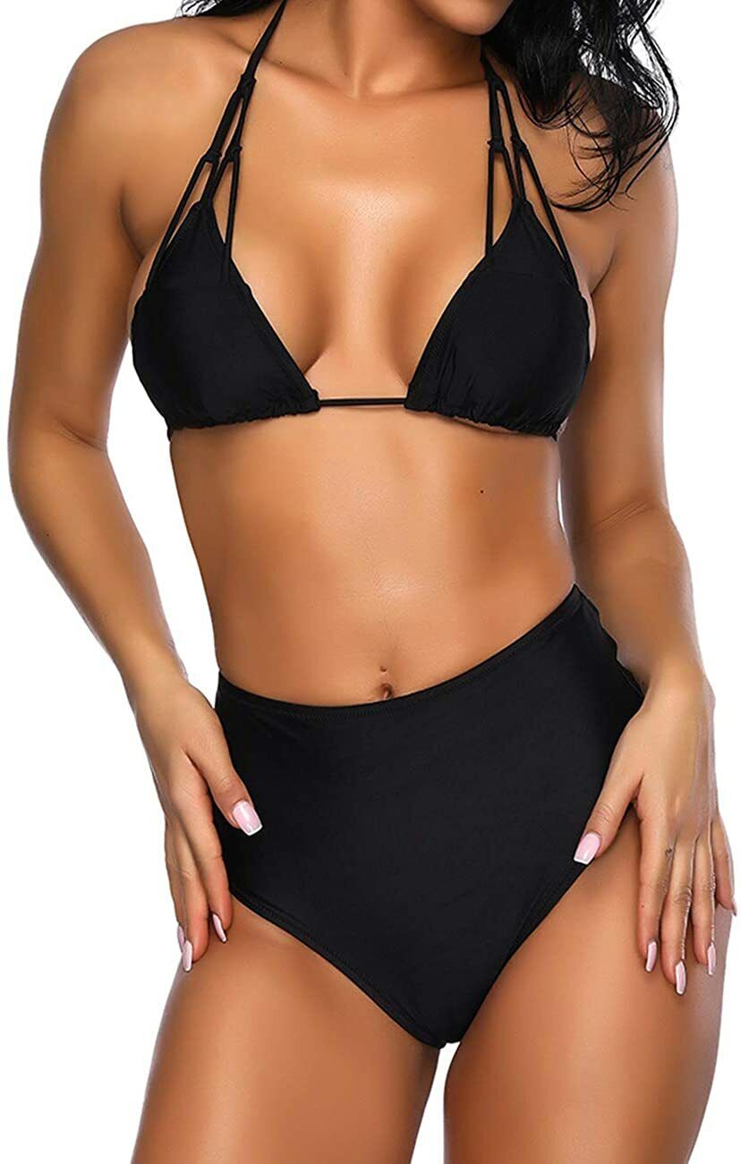 FeelinGirl Women's Stripe Padded Push up High Waist Bikini Halter Strap Swimsuit