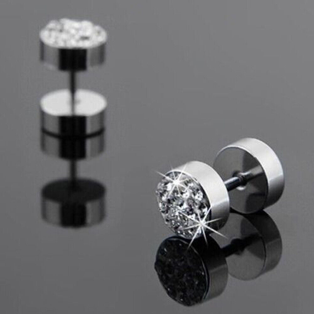 US3-6Pair Barbell Punk StainlessSteel Crystal Ear Studs Earring Piercing Jewelry