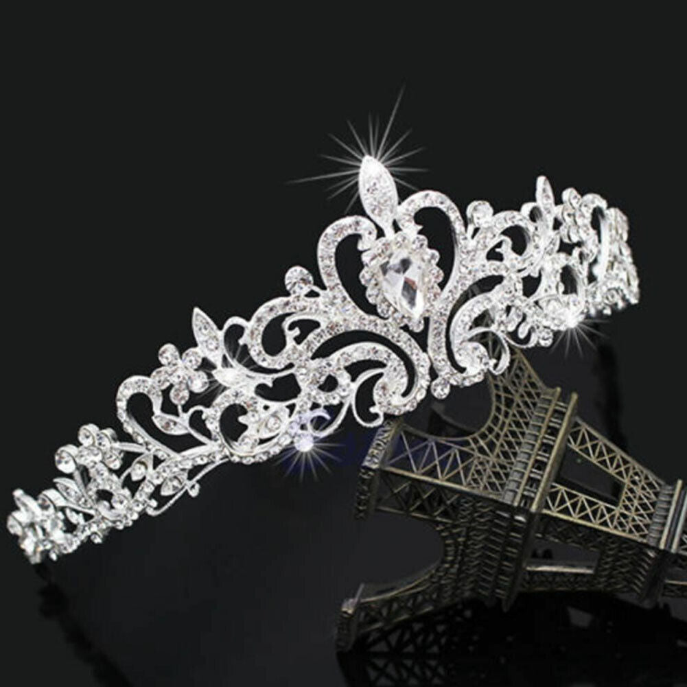 US 1-2 Silver Crystal Tiara Crown Wedding Bridal Princess Rhinestone Hair w/Comb