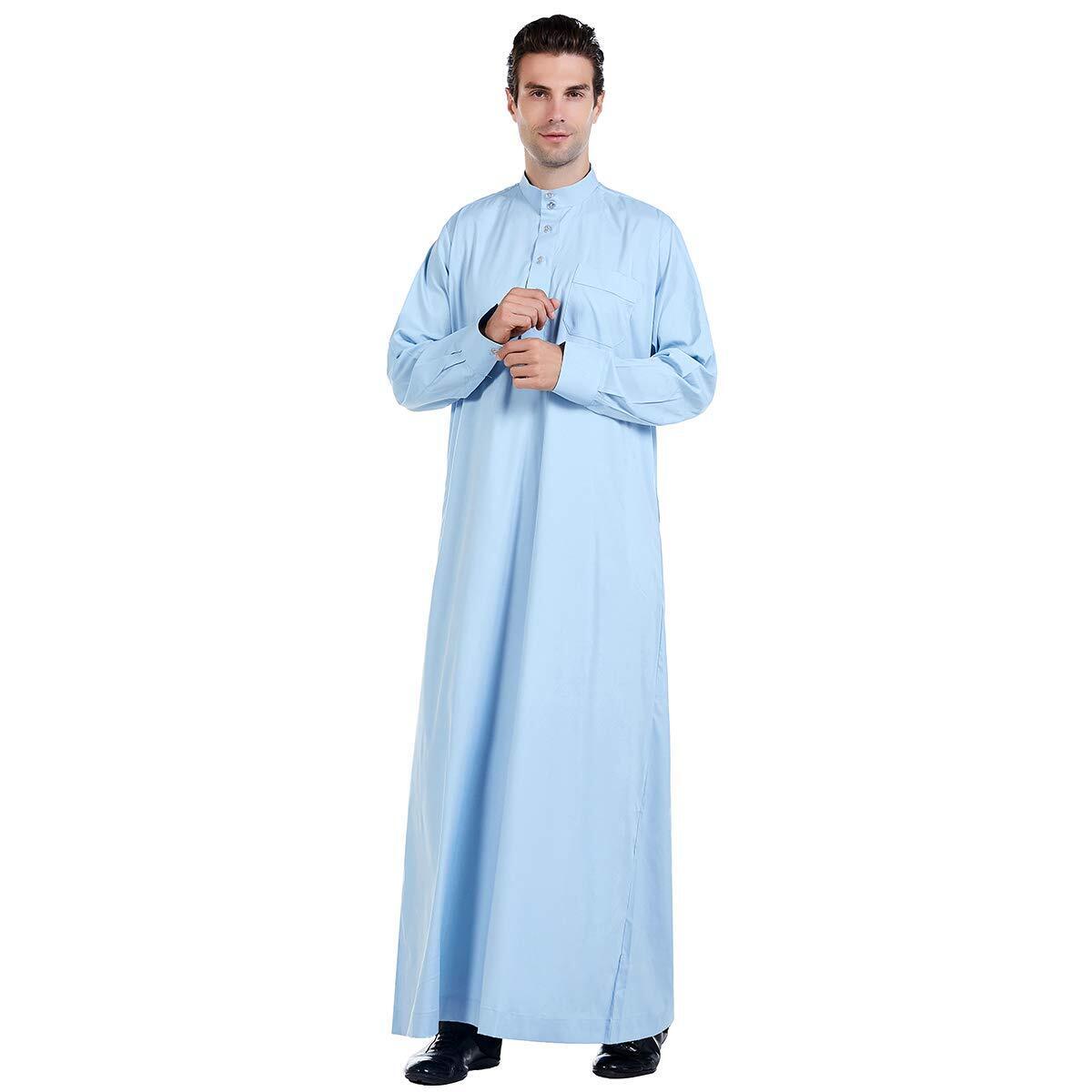Men Arabic Long Sleeve PureColor Thobe Crew Stand Collar Kaftan Robe with Button