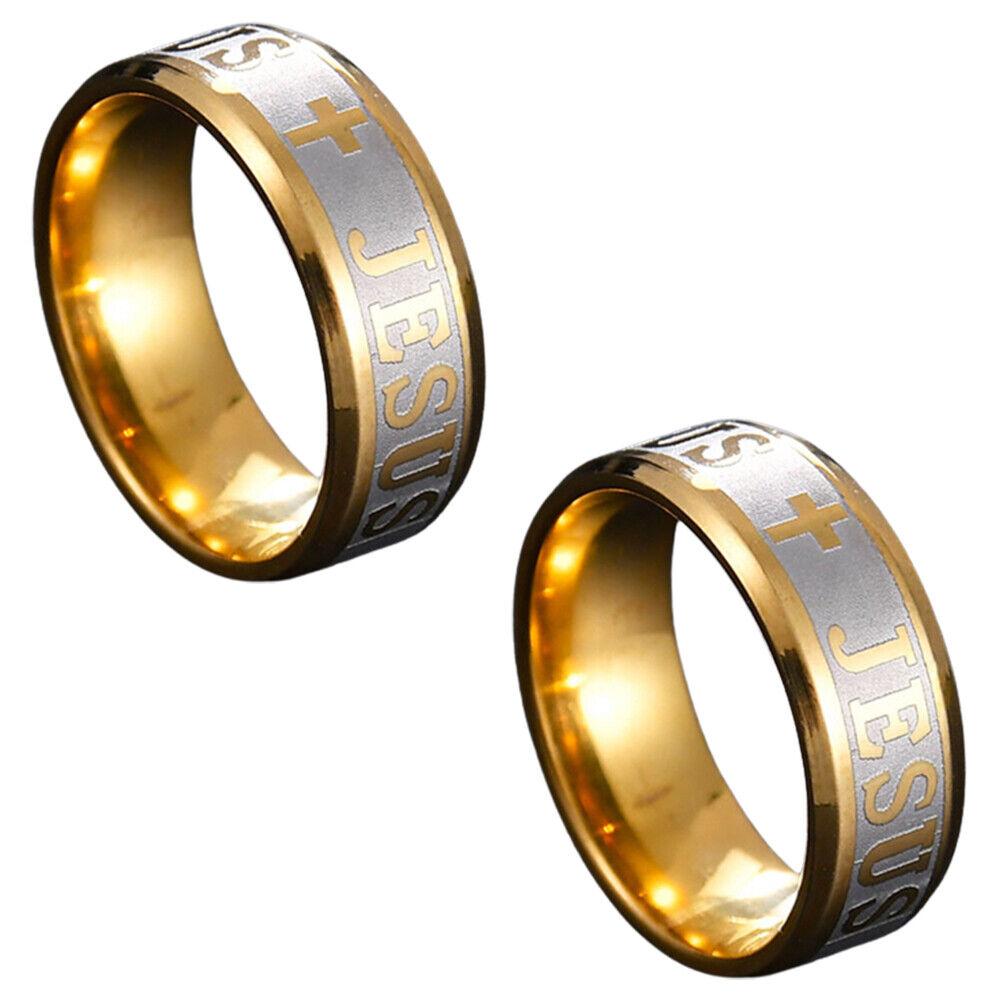 US 1-2 Pack Men Stainless Steel Gold Plated Christian Jesus Cross Ring Band