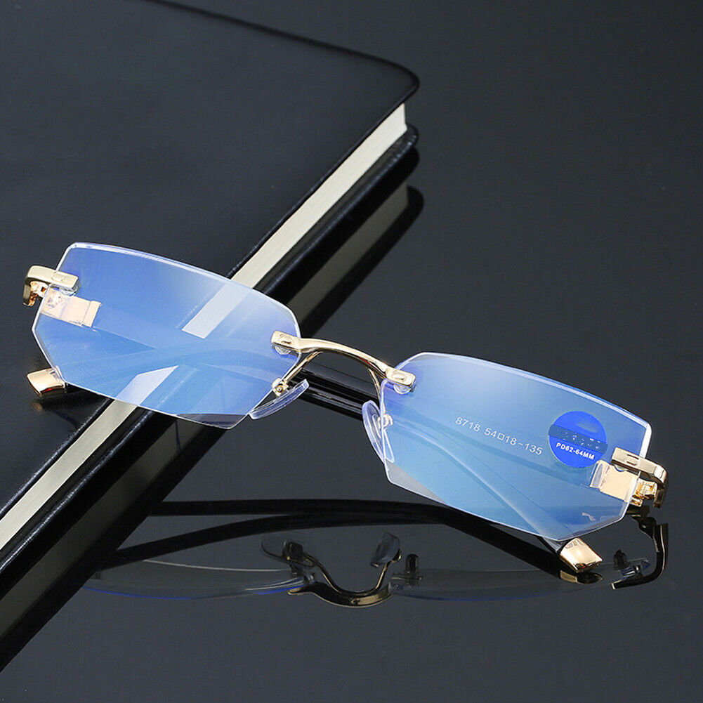 US Mens Diamond Shape Rimless Blue Light Blocking Reading Glasses Metal Readers