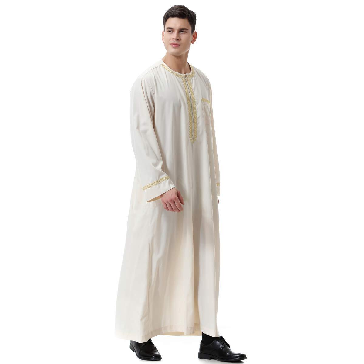 Men Arabic Long Sleeve Printing Thobe Crew Collar Kaftan Robe with Zipper