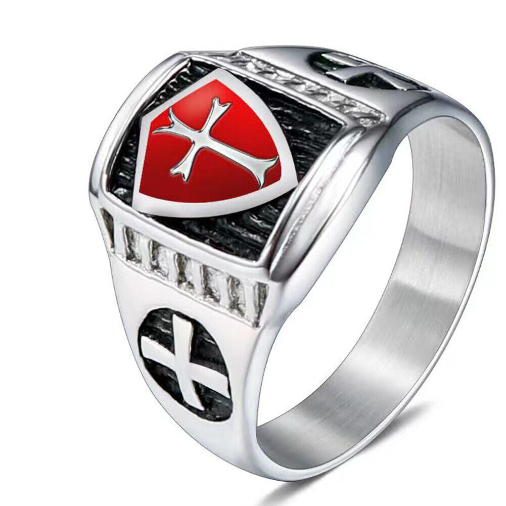US 1-2 Pack Mens Shield Cross Knights Templar Ring Silver Stainless Steel