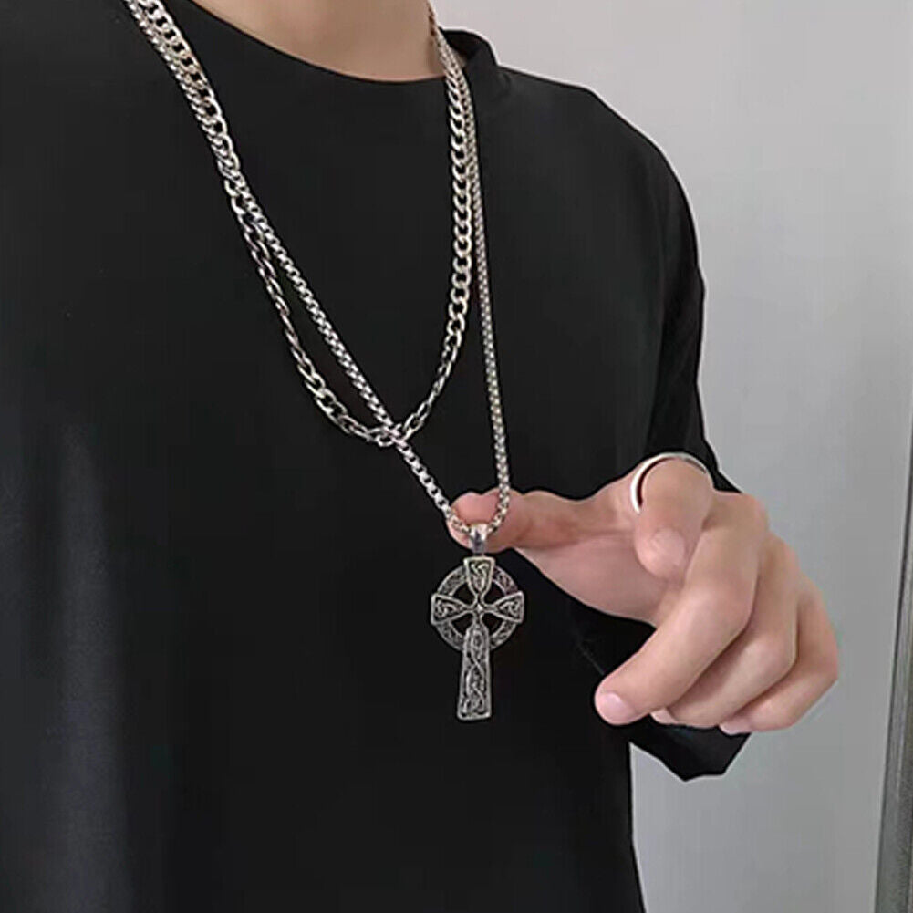 US 2-4 Pack Mens Stainless Steel Irish Celtic Knot Cross Pendant Necklace Silver